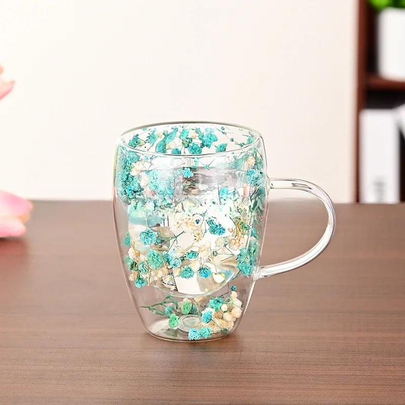 Dried Flower Double Walled Glass Mug 350ml Coffee Mug with Dry Flowers Decorative and Creative Flower Mug Double Wall Flower Cup