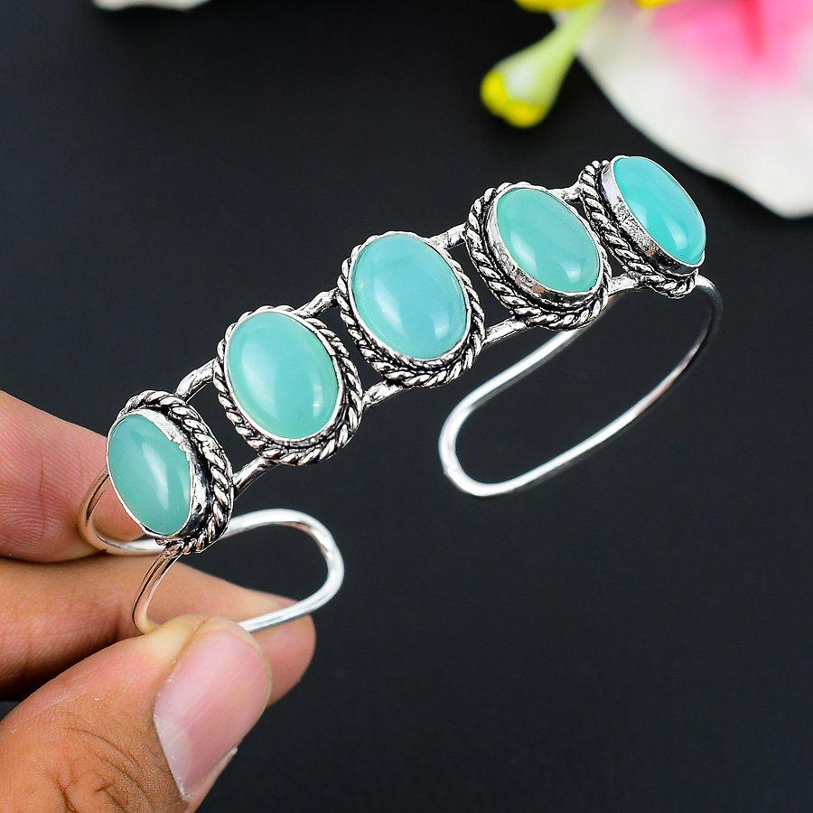 

Green Chalcedony Gemstone 925 Sterling Silver Cuff Bangle Adjustable KG-250