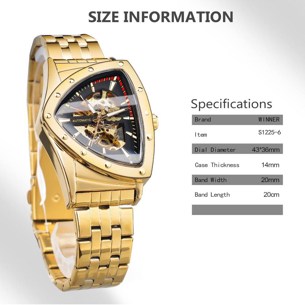 FORSINING Herren Skelett Automatikuhr Dreieckiges Zifferblatt Leuchtendes Edelstahlarmband oder Silikonarmband Gold-T Lässiger Stil