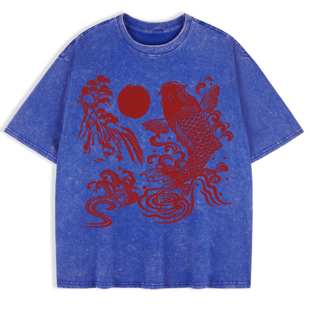 Harajuku Japanische Koi-Prints Gewaschene T-Shirts Herren Baumwolle Oversize T-Shirt Sommer Kurzarm Oberteile Freizeitkleidung