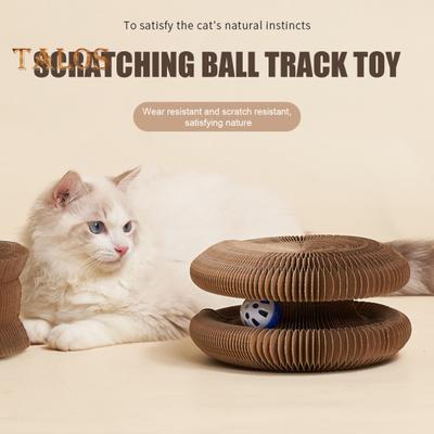 Round Accordion Cat Toy with Bell Foldable Scratch Board Toy Cat Head Organ Cat Scratching Post Interactive Play Toy