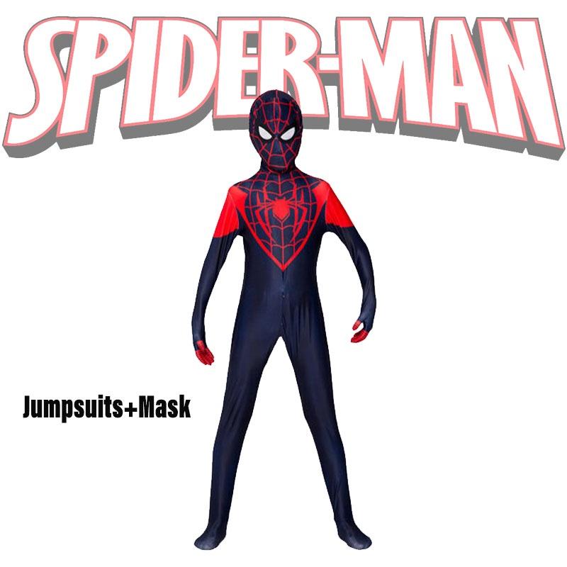 Spider-Man Miles Morales Cosplay-Kostüm für Erwachsene und Kinder, bestehend aus Overall und Kapuze aus Polyesterfaser