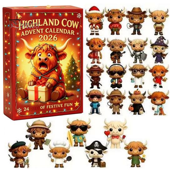 Countdown to Christmas 24 Days 3D Highland Cow Advent Calendar 2026, Festive Gift Box with Cute Farm Cattle Mini Figurines for Holiday Desk Ornaments