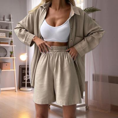 2 Pcs/Set Women Shirt Shorts Set Solid Color Long Sleeves Lapel Collar Blouse High Waist Above Knee Length Pants Set