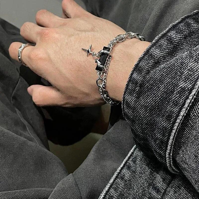 Bracciale Uomo Retro Zircone Nero Catena a Stella Donna Acciaio Inossidabile Braccialetti Punk su Mano Gioielli Unisex Accessori per Coppia