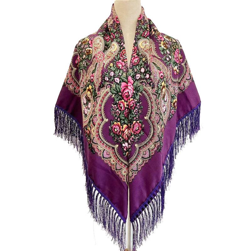 130*130Cm Ethnic Printed Square Shawls Elegant Women Scarf Babushka Retro Russian Bandana Wraps Kerchief Floral Warm Blanket
