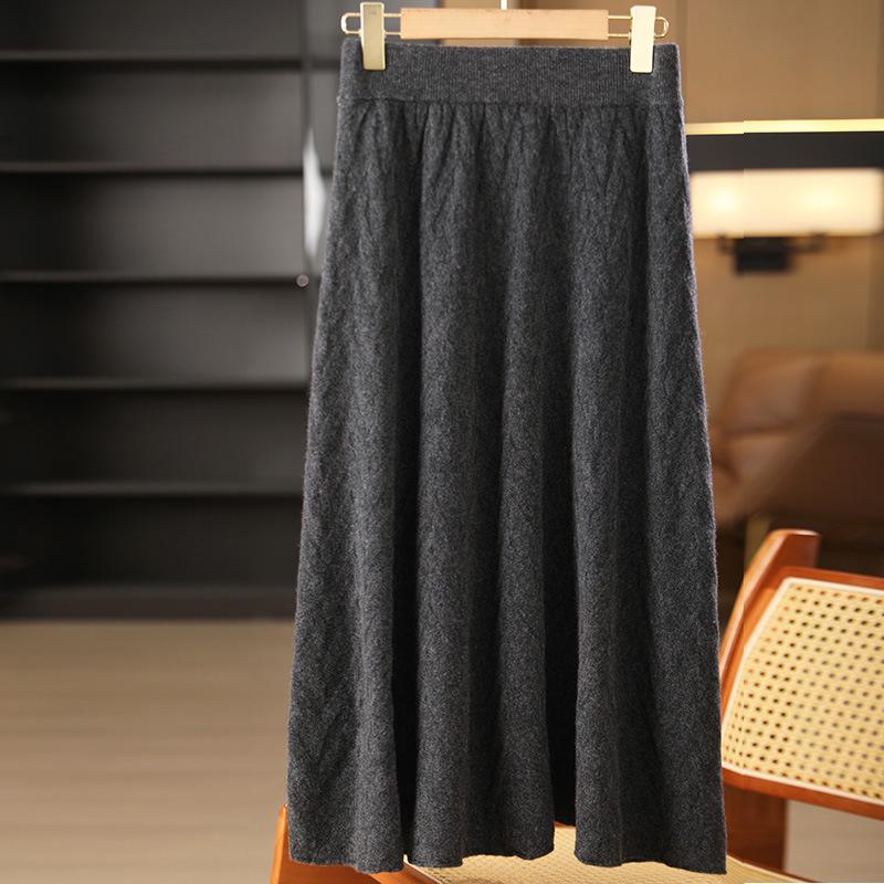 Women's Knitted A-Line Umbrella Skirt - Mid-Length Thickened Wool for Autumn/Winter 2025