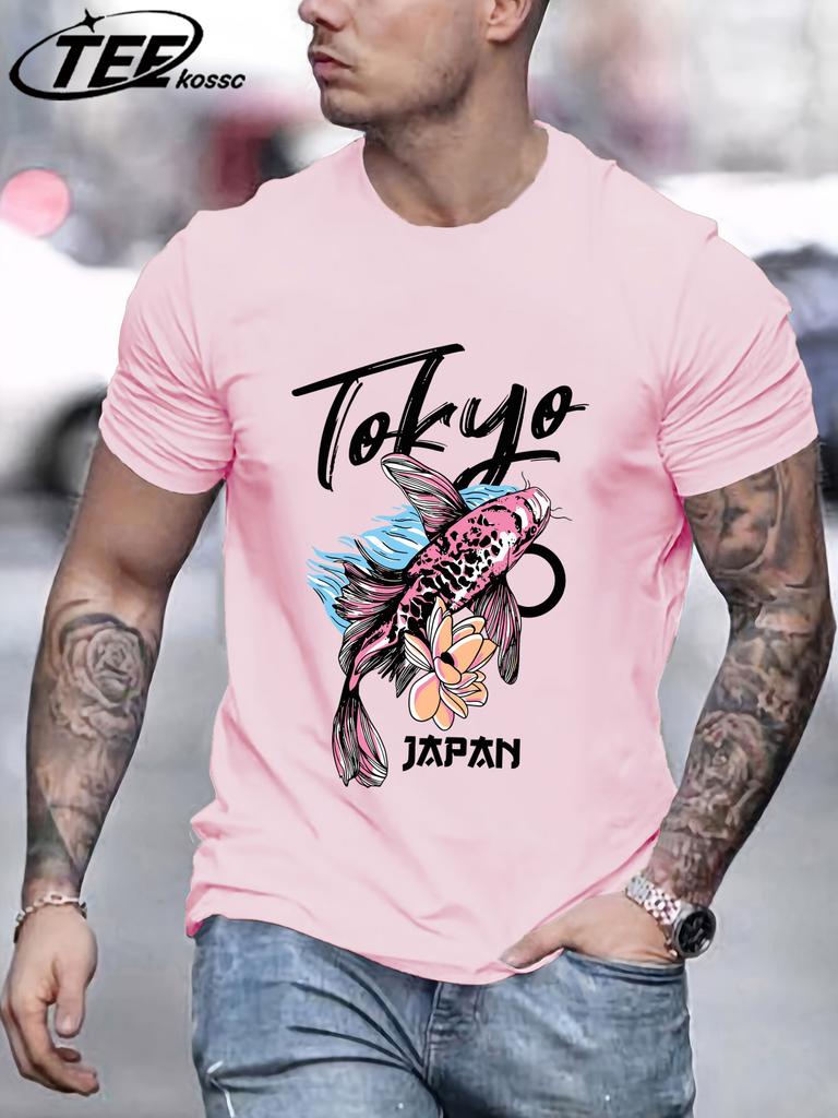 Tokyo Japan Flower Koi Print Men T Shirts Hip Hop AllMatch Short Sleeve Cotton Summer Clothes Casual Oversize Trendy Sportswear