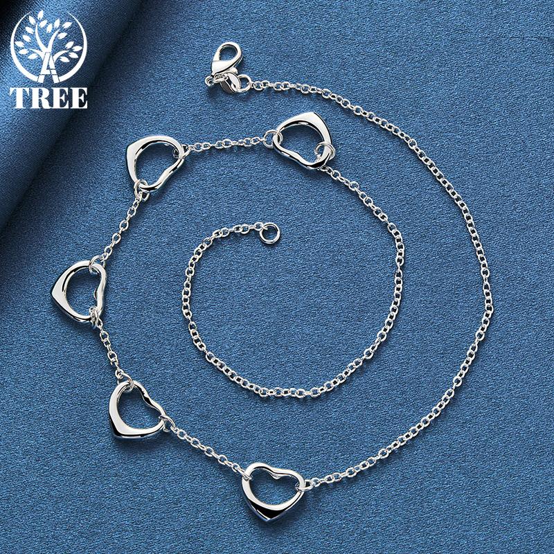925 Sterling Silver Five Heart Chain Necklace Jewelry
