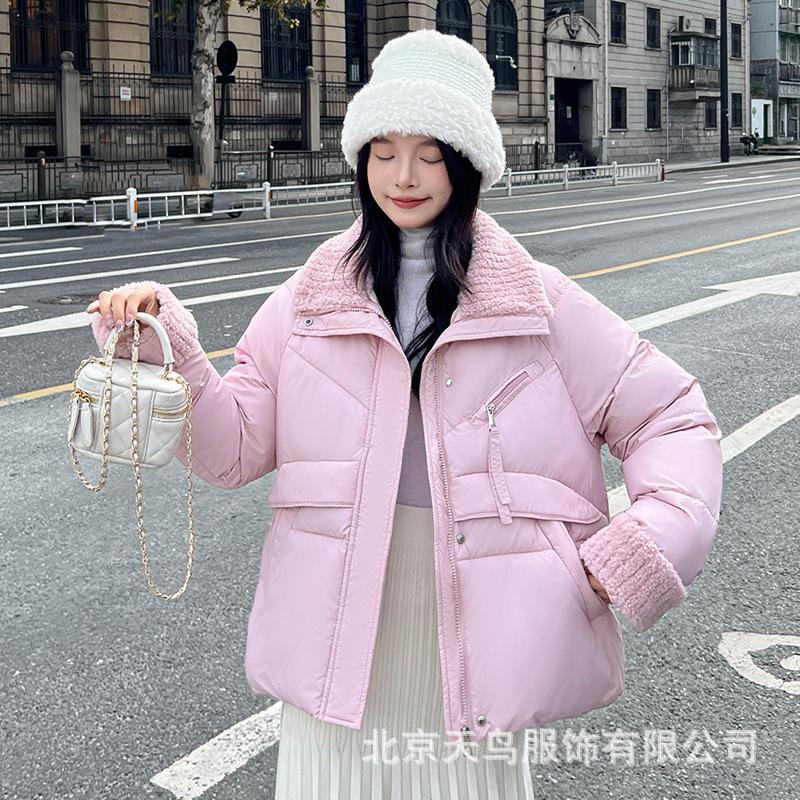 Fashion Short Down Cotton Clothes, Winter Women's Clothing Splicing Warm Casual Top, New Loose Lapel Cotton-padded Clothes.