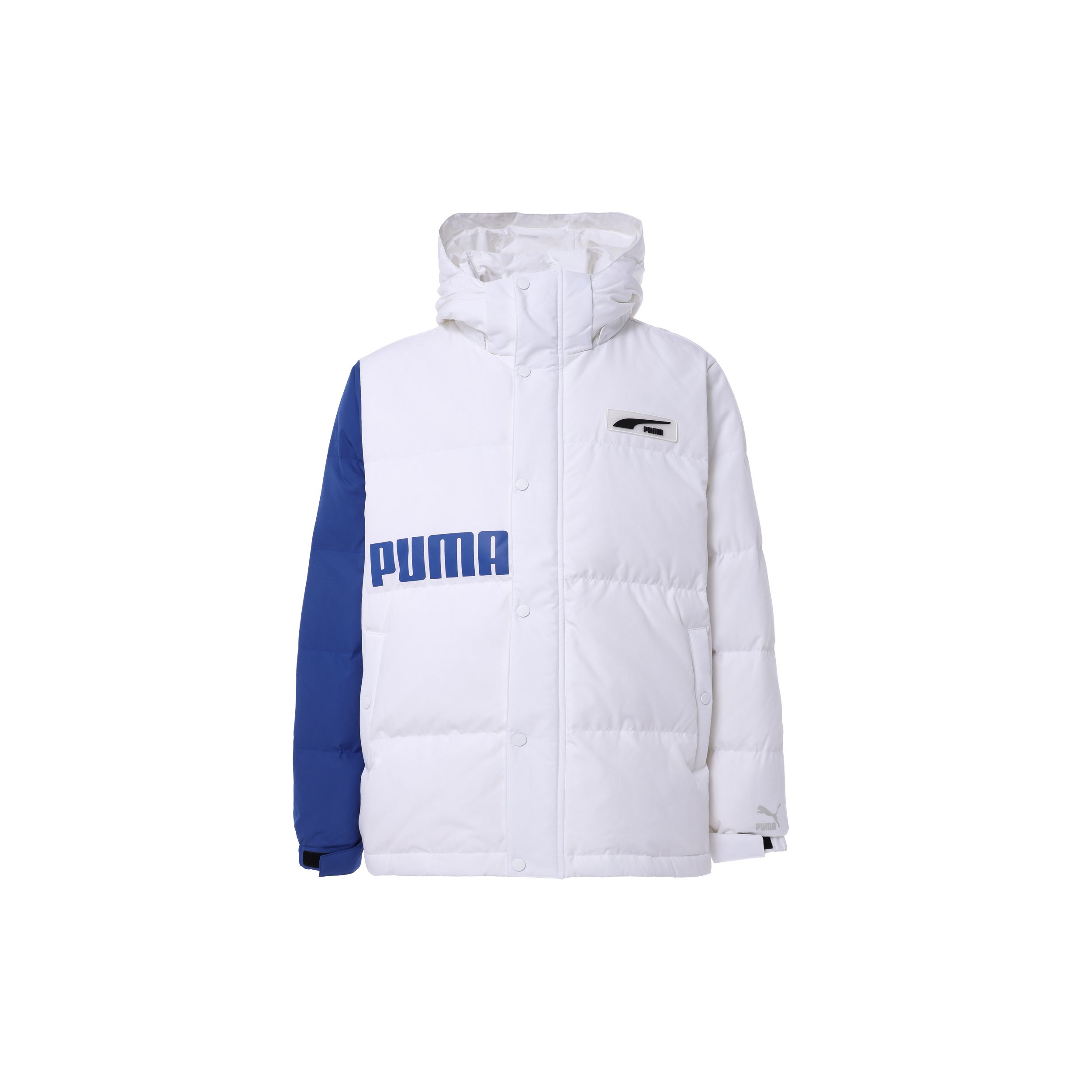 

PUMA Colorblock Logo Print Hooded Down Jacket Unisex Outwear Blue White 539727-02 XXL