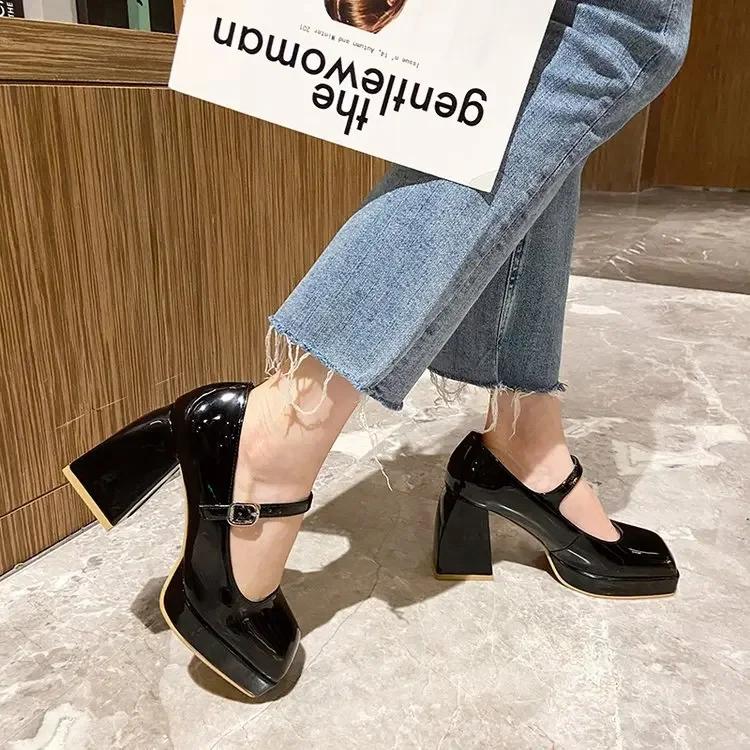 Fashion Platform Pumps Women's 2025 Square Toe Thick Heels Mary Janes Women's Patent High Heels Party Shoes Square Toe Square Heel