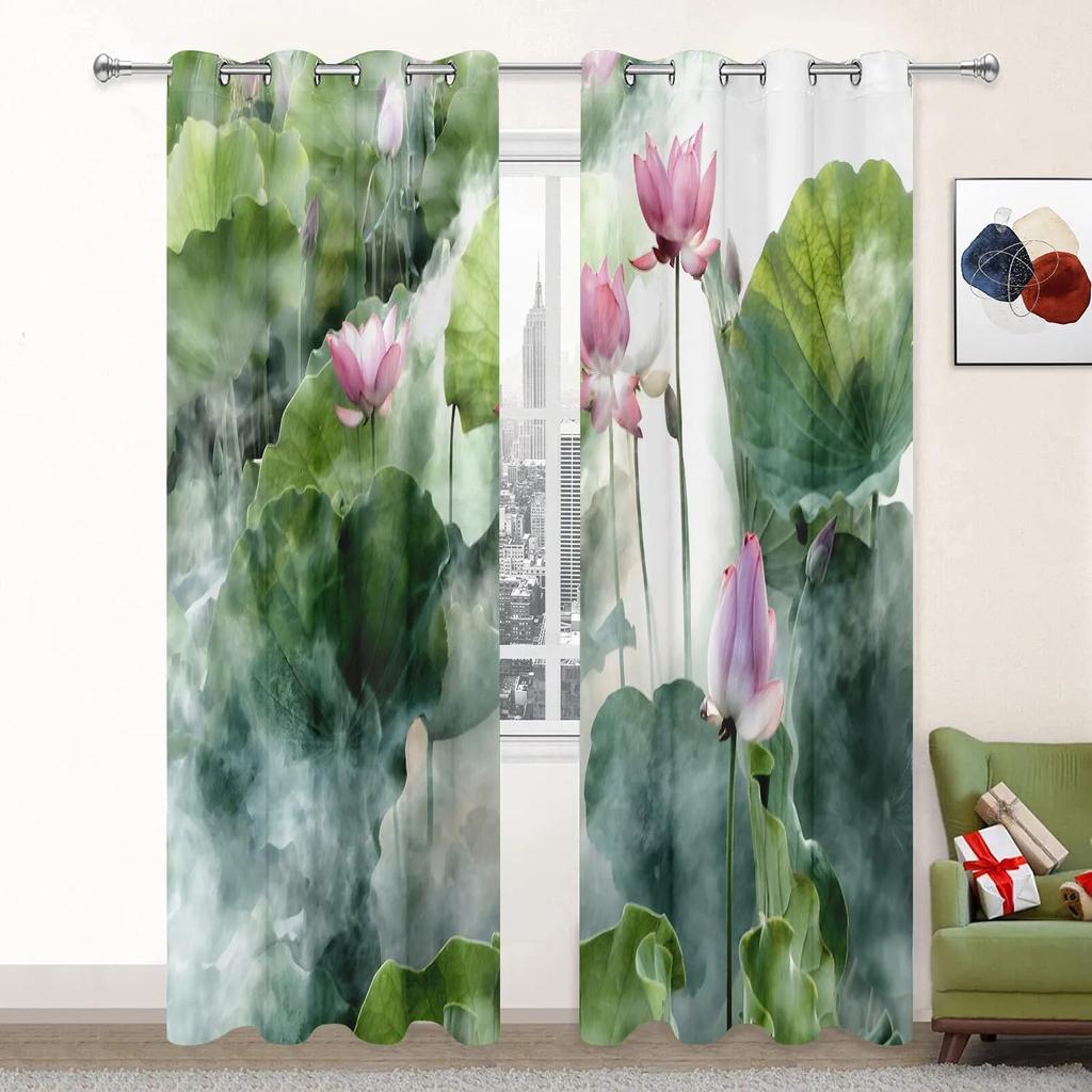 Lotus Curtains for Living Room Landscpe Thick Window Curtain for The Bedroom Aesthetic Room Decor Scenery High Shading Curtain