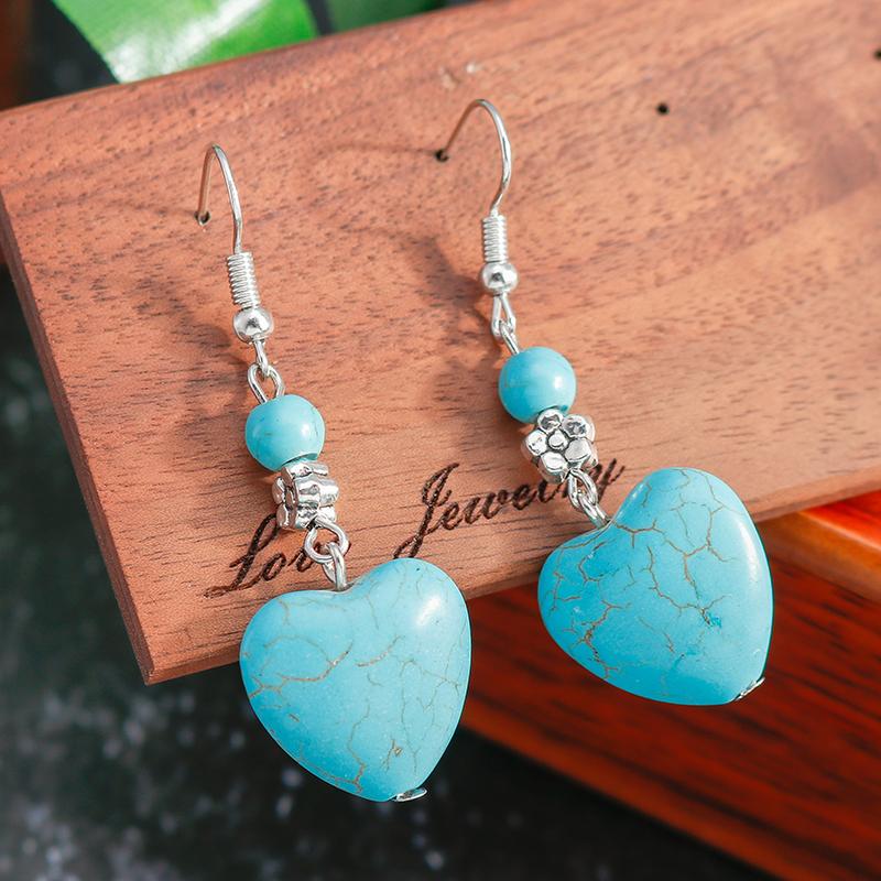 Ethnic Turquoise Love Heart Drop Earrings for Women Bohemian Natural Stone Dangle Earrings Girls Party Birthday Zircon Gifts