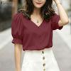 Women Casual V-Neck Solid Color Short Sleeve Blouse