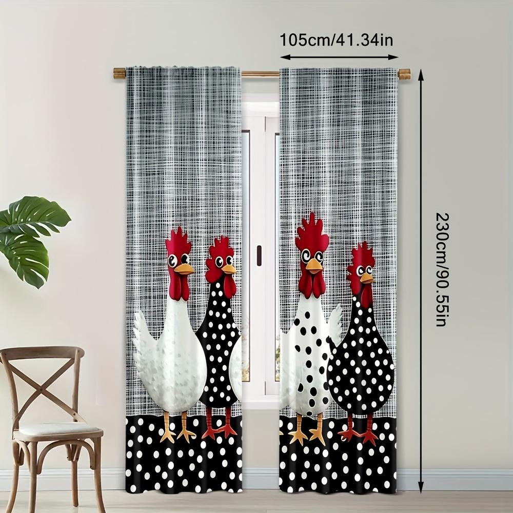 2PCS Digital Print Curtains, Polka Dot Rooster, Farmhouse Country