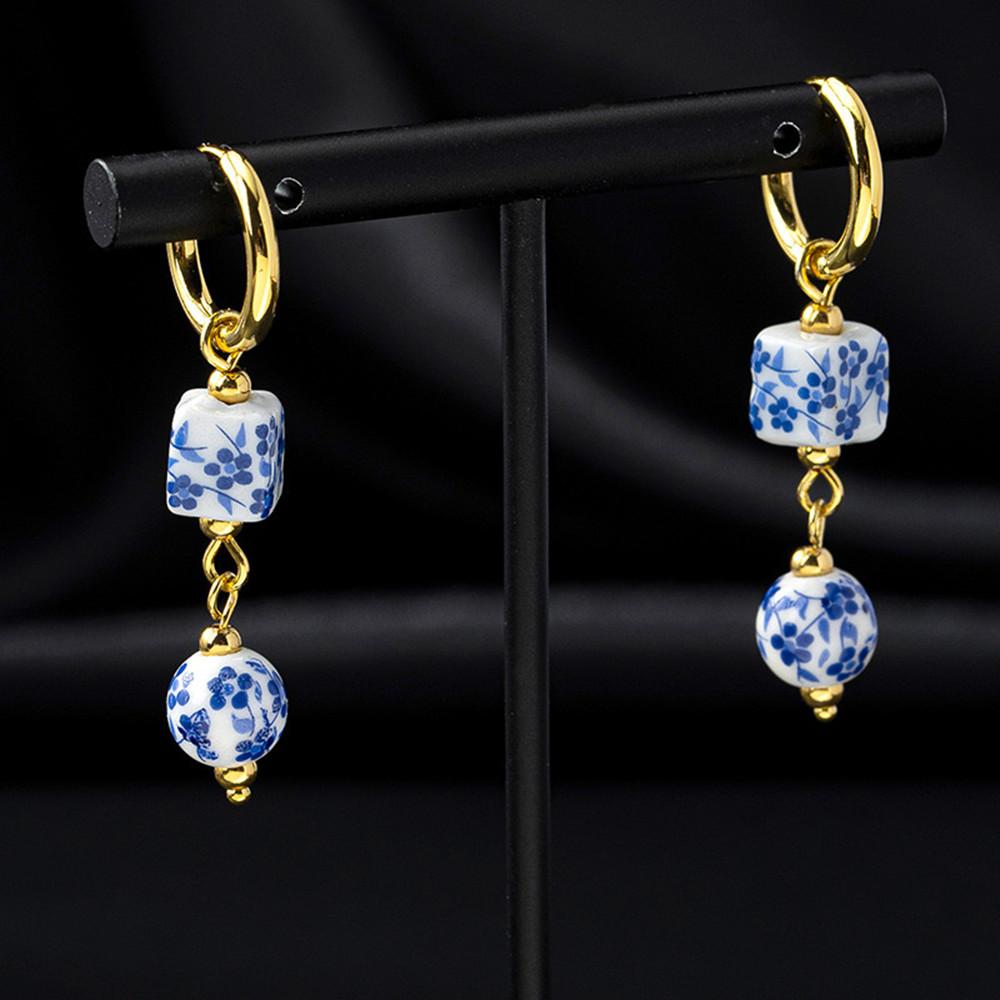 Retro Neue Chinesische Blau-Weiße Porzellan Keramik Anhänger Runde Ohrringe Damen Mode Elegantes Schmuckzubehör