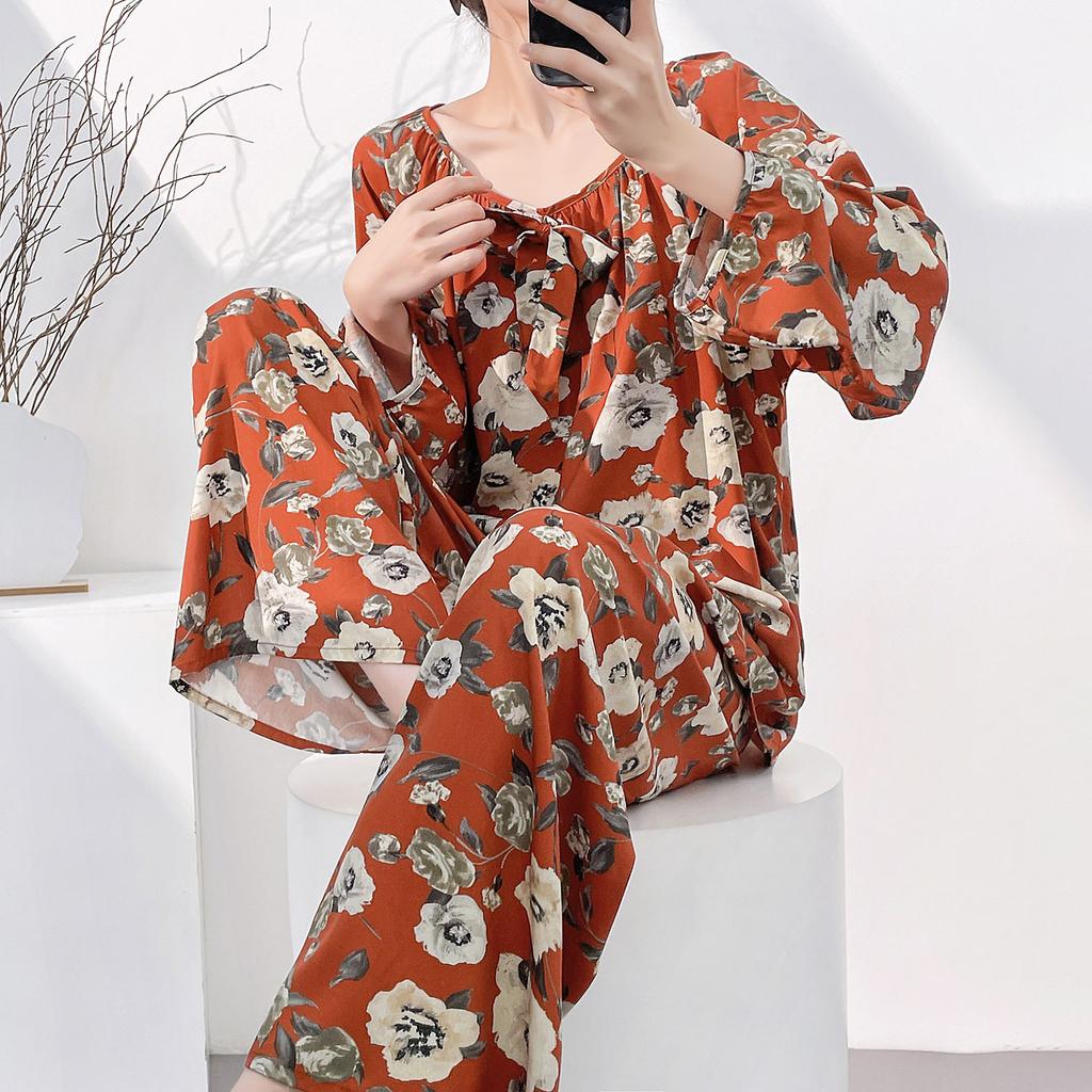 Cotton and silk family 1011 new cotton silk pajamas women's spring and autumn loungewear suit women can wear casual long-sleeved trousers