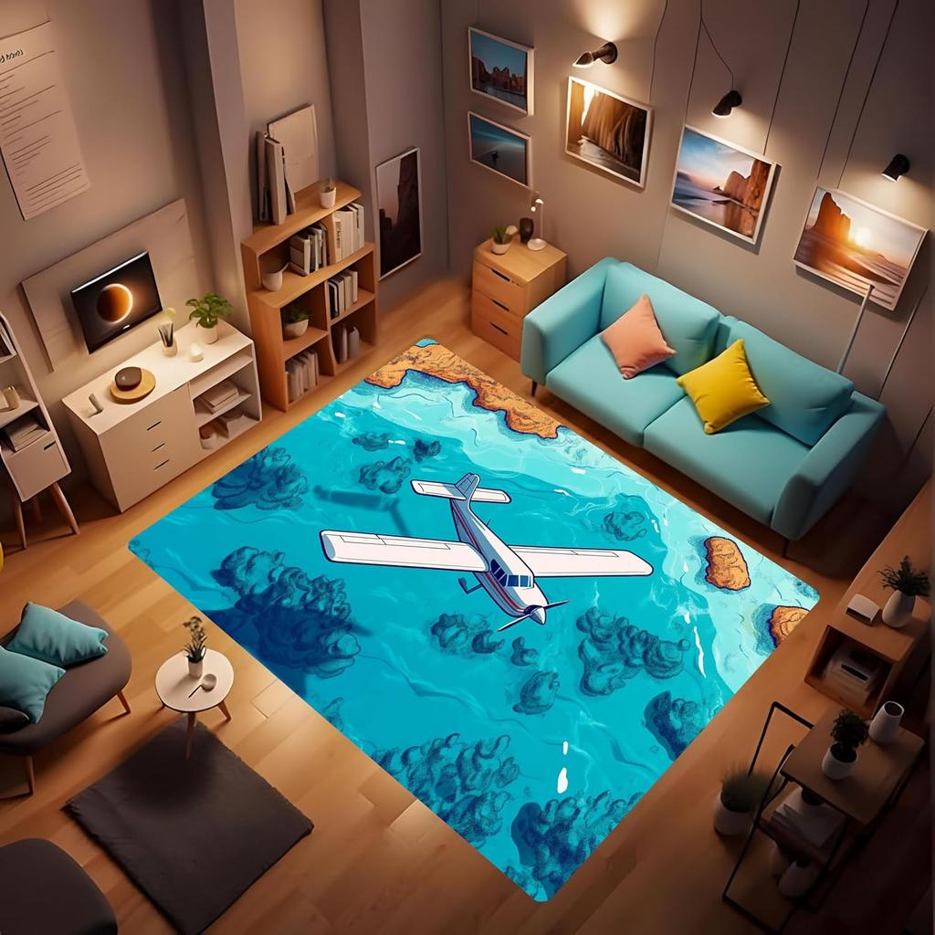 Soft Airplane Area Rug, Area Foldable Rectangular Rug, Cartoon Airplane Print Rug, Washable Rug with Rubber Non-Slip Rug