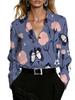 Women Carnation Butterfly Art Print Lapel Long‑Sleeve Shirt, Elegant Temperament, Perfect for Business Work, Girlfriends Meet‑up and Street Shopping