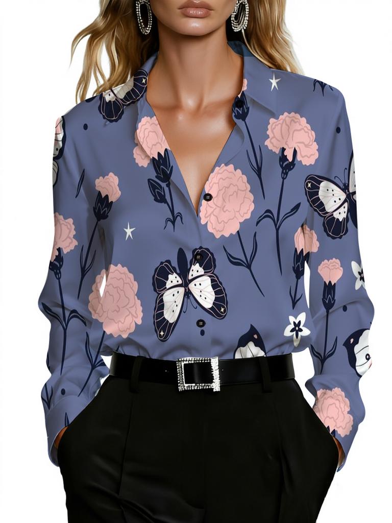 Women Carnation Butterfly Art Print Lapel Long‑Sleeve Shirt, Elegant Temperament, Perfect for Business Work, Girlfriends Meet‑up and Street Shopping