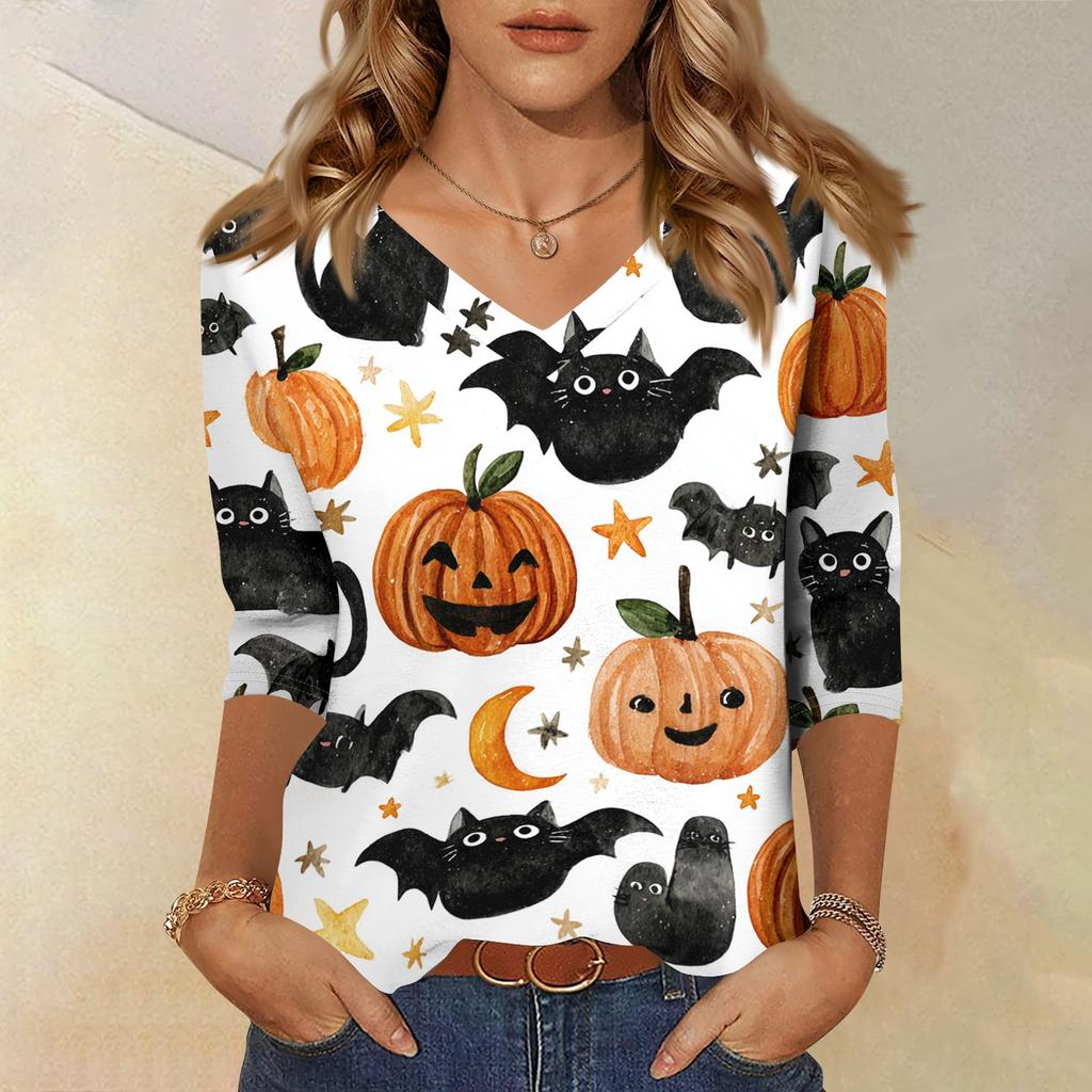 Women's Fashion Casual Halloween Print V Neck Three Quarter Sleeve Top Lightweight Comfortable Fit Stylish Design