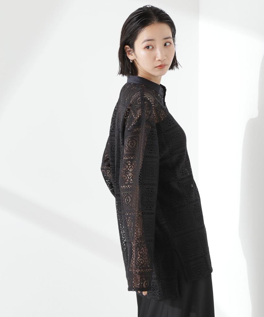 Nano Universe Band Collar Lace Shirt Be Paired with Other F 010 Black Women's (Can Items) 673-5120315