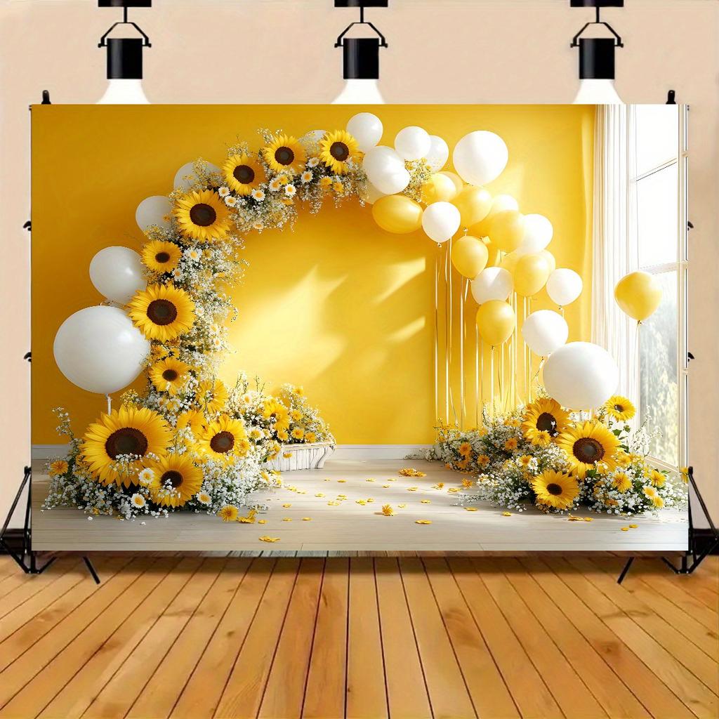 1pc Yellow Floral Arch Flag with Sunflowers and Balloons - Silk Camera Background, Anniversary and Party