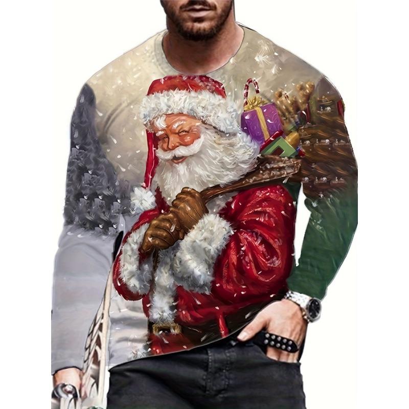 Camisetas de manga larga con estampado 3D de Papá Noel para hombre, camisetas con estampado de Papá Noel para fiesta de Navidad, moda informal para hombre, cuello redondo, manga larga
