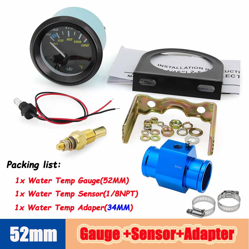 52mm Auto Temp Gauge Dual Unit Digital 40-120℃/100-250℉ Water Temperature Indicator Sensor Adapter 1/8NPT For Gasoline Vehicle