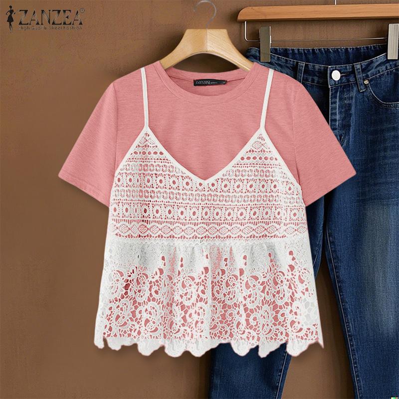 ZANZEA Women Casual Lace Patchwork Fake Two Piece Short Sleeve T-Shirts