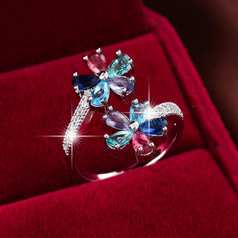 Trendy Flower-Shaped Colorful Zirconia Adjustable Ring