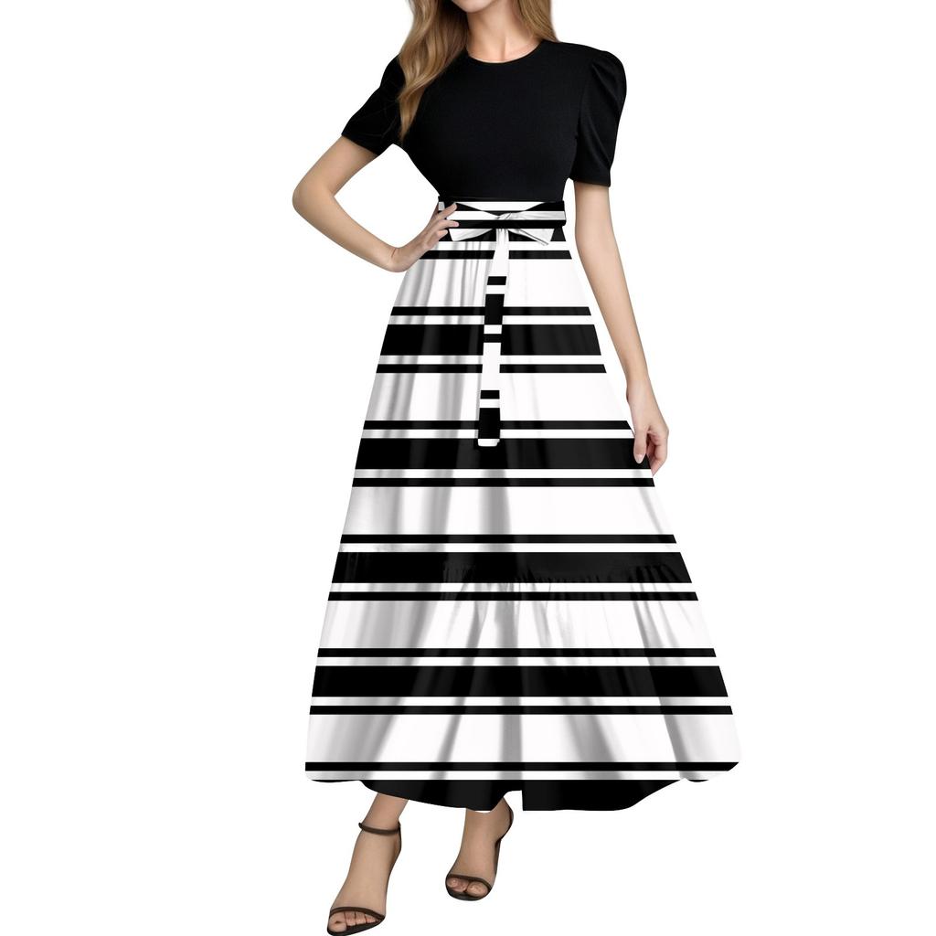 Women's Fashion Casual Belt Short Sleeve Round Neck Print Stitching Elegant Temperament Dress