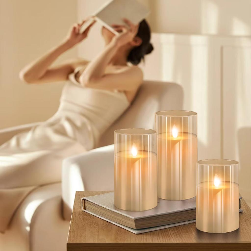 PinnWaa LED Glass Candles [3-Piece Set] Warm Ambience Candlelight with Dedicated Remote Control, Safe and Energy-Saving, Flickering Like a Real
