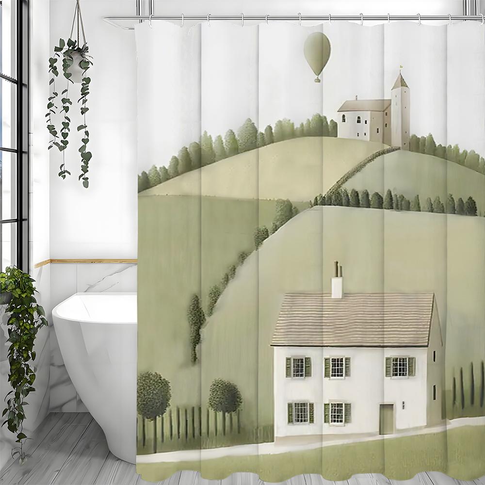Green Lawn Tree House Shower Curtain, Bathroom Decorative Shower Curtain, Waterproof Shower Curtain with Hooks
