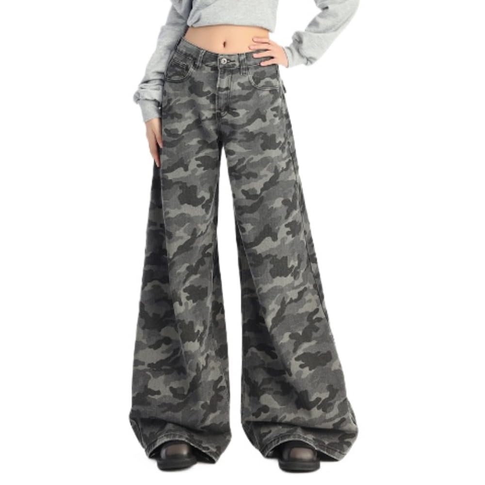 Retro Wide-leg Camouflage Jeans For Women High Waist Straight Loose Slim Floor-length Pants