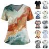 Women's Fashionable Printed V Neck Double Pocket Short Sleeved Shirt With Slit Hem Uniform And Worker Top