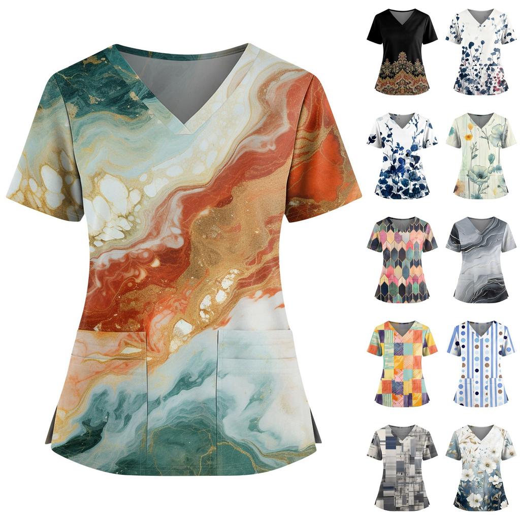 Women's Fashionable Printed V Neck Double Pocket Short Sleeved Shirt With Slit Hem Uniform And Worker Top