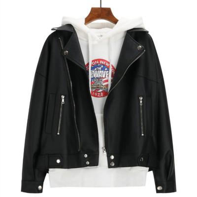 Veste en cuir PU à manches longues pour femme, col rabattu, surdimensionnée, fermeture éclair, poche, Rivet matelassé, couleur unie, noir, printemps-automne, XS-XL