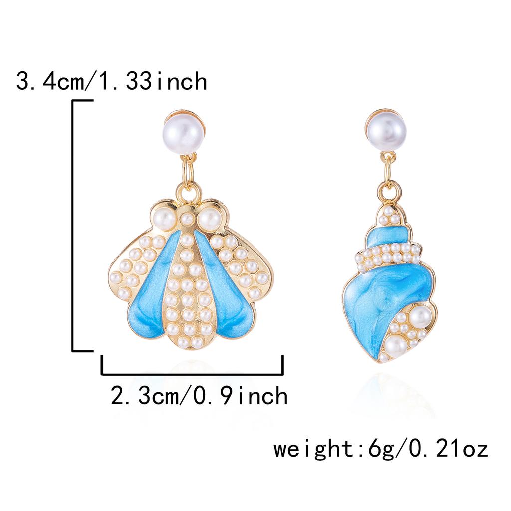 Cute Enamel Metal Shell Starfish Drop Earrings for Women Asymmetrical Imitation Pearl Conch Shell Earrings Girls Daily Jewelry