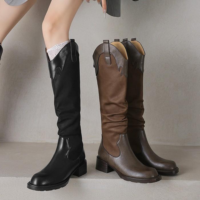 Cowhide Version~ Leather Stacking Boots American Retro Thick Heel Western Cowboy Boots Female Knight Boots V-mouth Boots