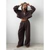 Womens Casual Two-Piece Set: Zip-Up Hoodie Top Drawstring Wide-Leg Pants Cotton Blend All-Season Streetwear