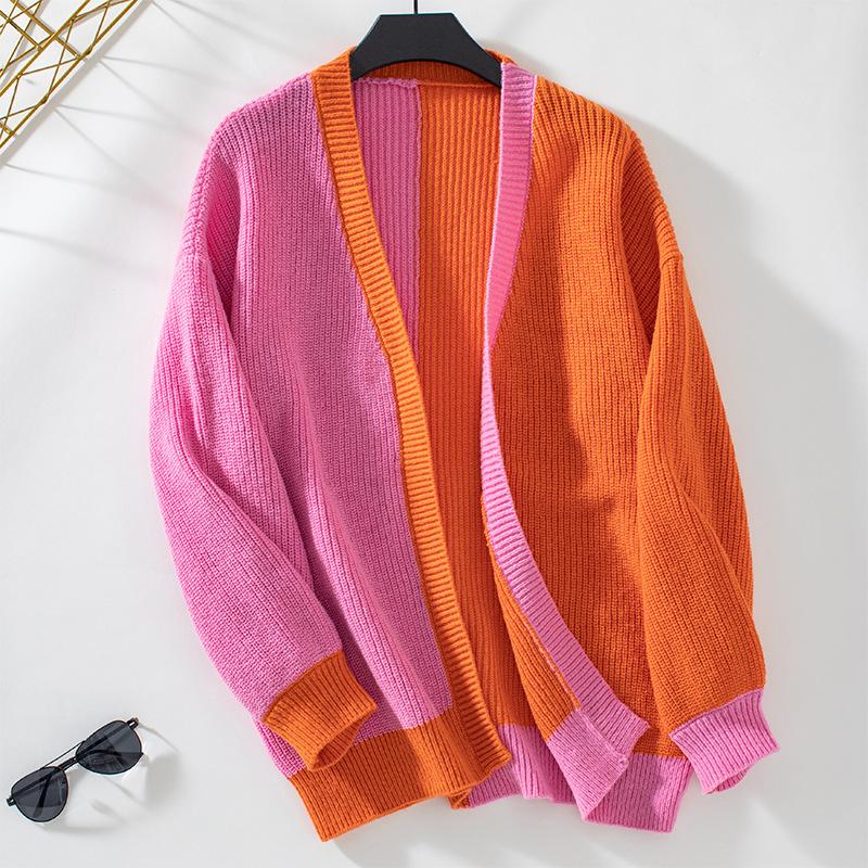 European and American Color Block Sweater Women's Autumn and Winter New Casual Loose Long-sleeved Knitted Cardigan Jacket for Women