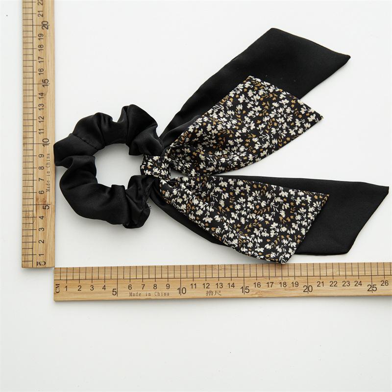 New Chinese Fashion Black White Flower Print Bow Ribbon Hair Ties Rope Rings Women Scrunchies Ponytail Elastic Hair Hairbands