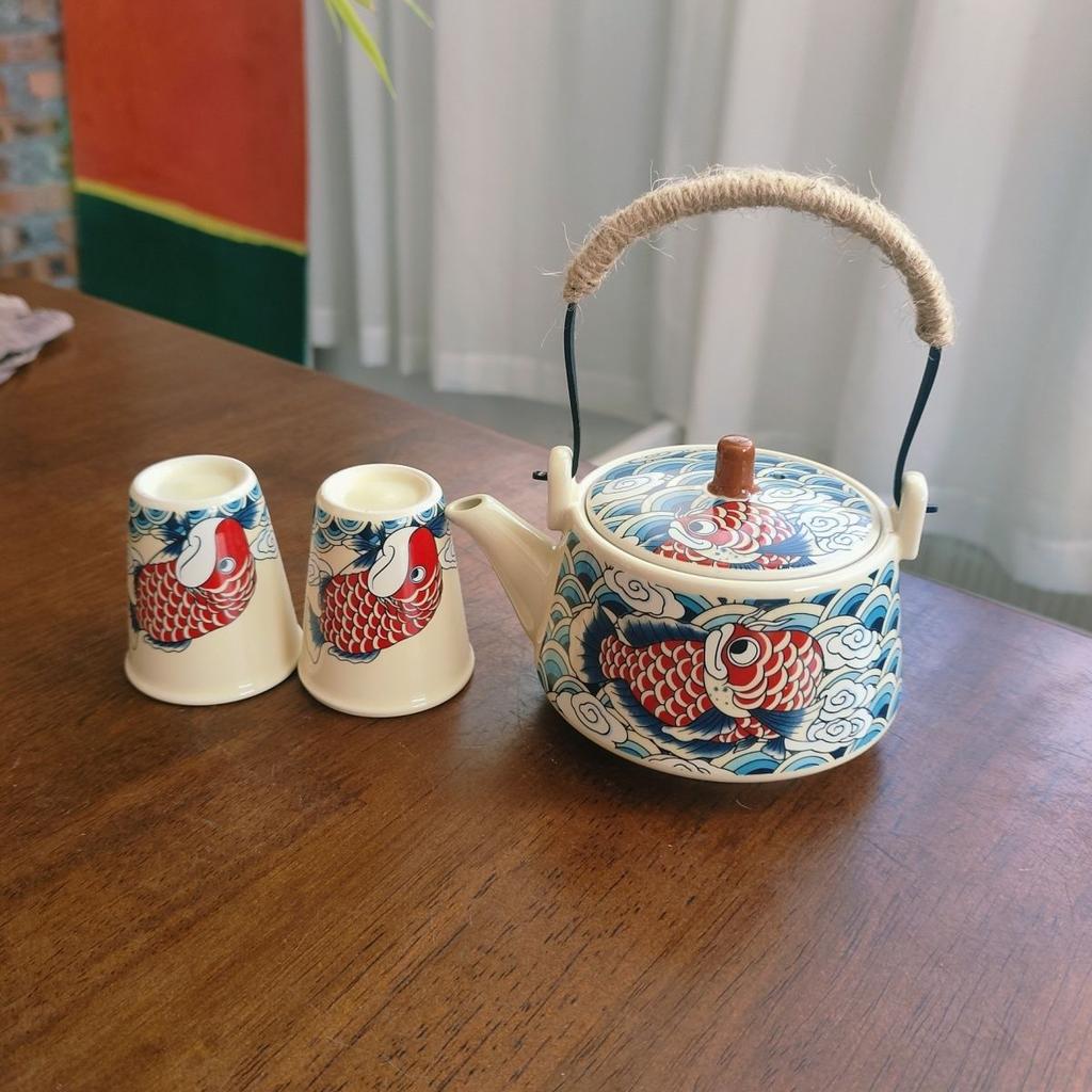 Kung Fu Carp Fish Tea Set, Ceramic Tea Infuser, Travel Portable TeaPot, TeaCup, Tea-Water Separation, Handle-Hanging Pot