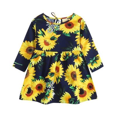 Children Baby Girl Round Neck Long-sleeved Print Dress Baby Girl Autumn Sweet Floral Kids Princess Dress