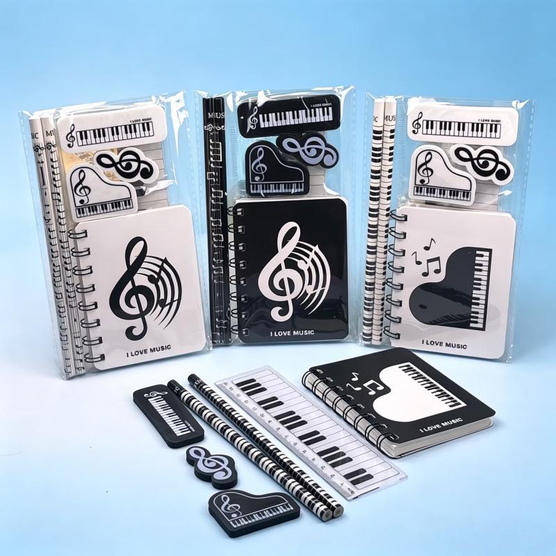 Music Note Pattern Student Stationery: Wooden Pencil and Eraser Set for Children
