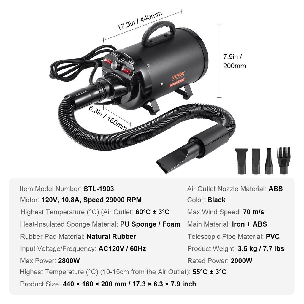 Dog Dryer, 2000W/2.7HP Dog Blow Dryer, Pet Grooming Dryer with Adjustable Speed and Temperature Control, Pet Hair Dryer with 4 Nozzles and Extendable