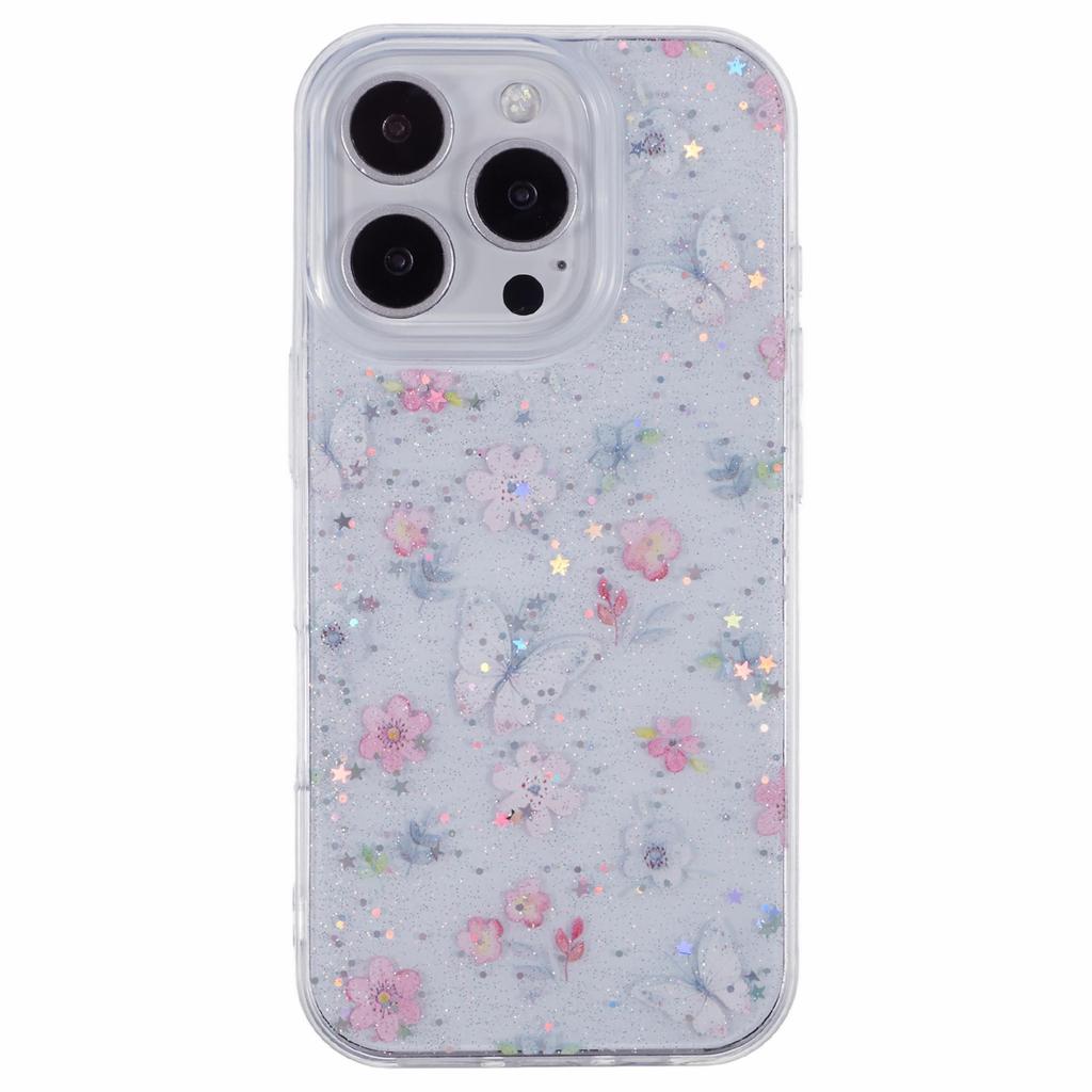 For iPhone 16 Pro Case Glitter Flower Epoxy Shockproof Phone Cover