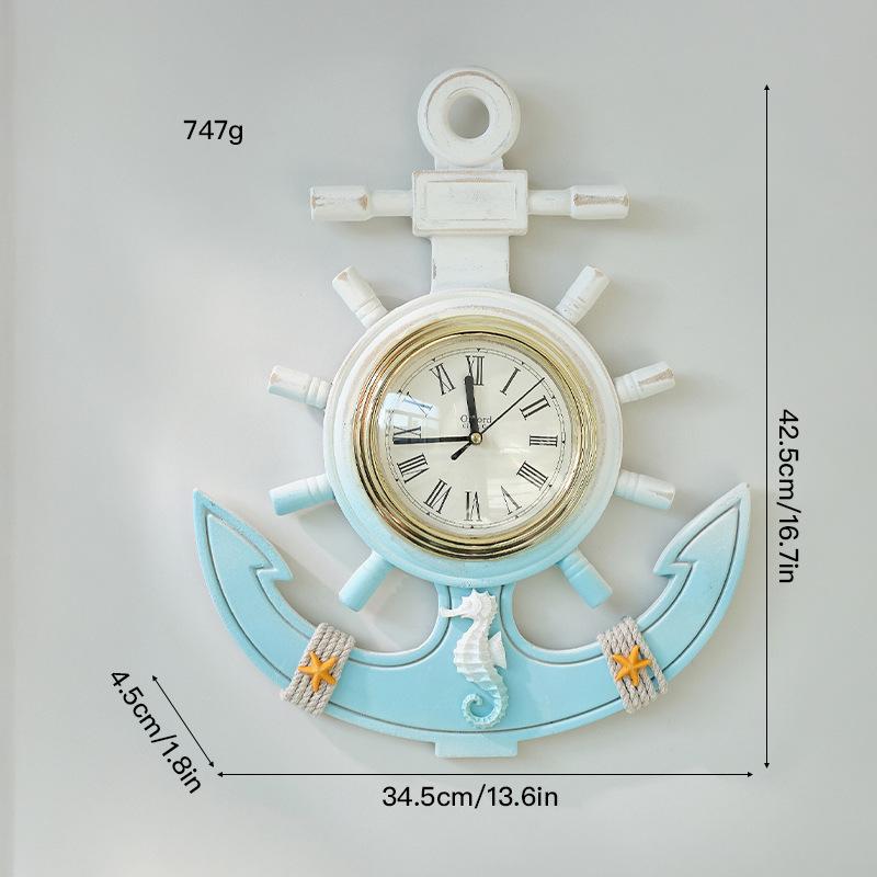 Vintage Mediterranean Ship Wheel Wall Clock - Distressed Wooden Decor for Living Room or Bar